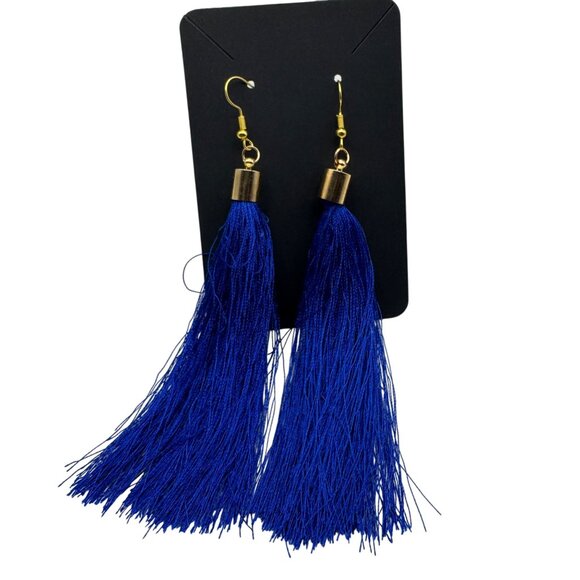 Long Blue Tassel Earrings With Gold Accents & Fishhook Closure For Women - Picture 2 of 3